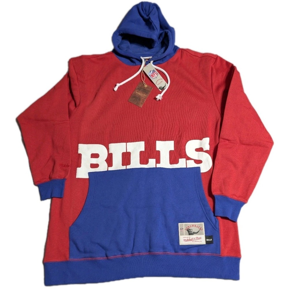 Mitchell & Ness Bills Hoodie Mens XLT NFL Throwbacks Spellout Pullover NWT